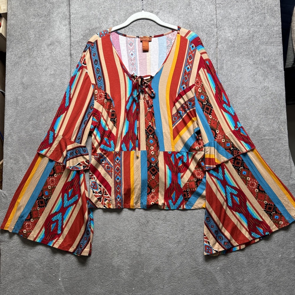 Scully Serape Shirt Womens XL Aztec Print Multicolor Bell Sleeve Top festival